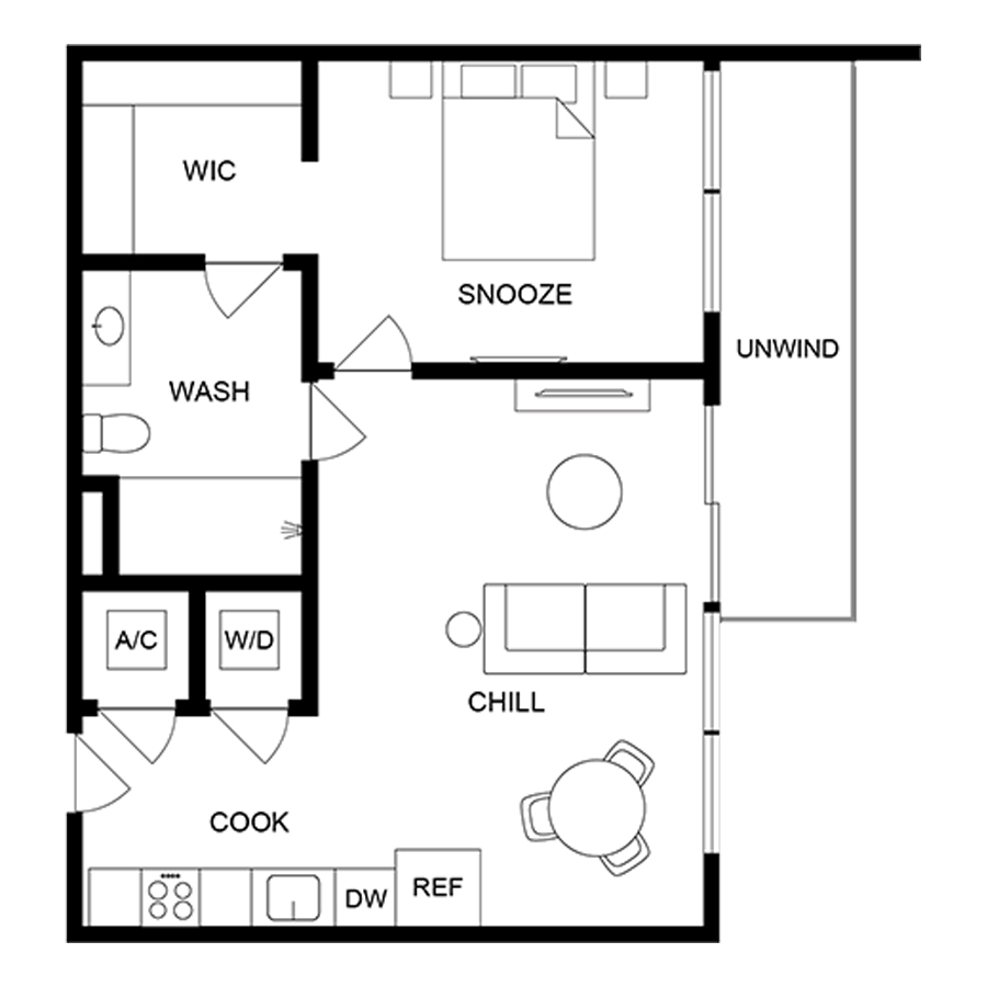 #1916 - 1 bedroom floorplan layout with 1 bathroom and 617 square feet
