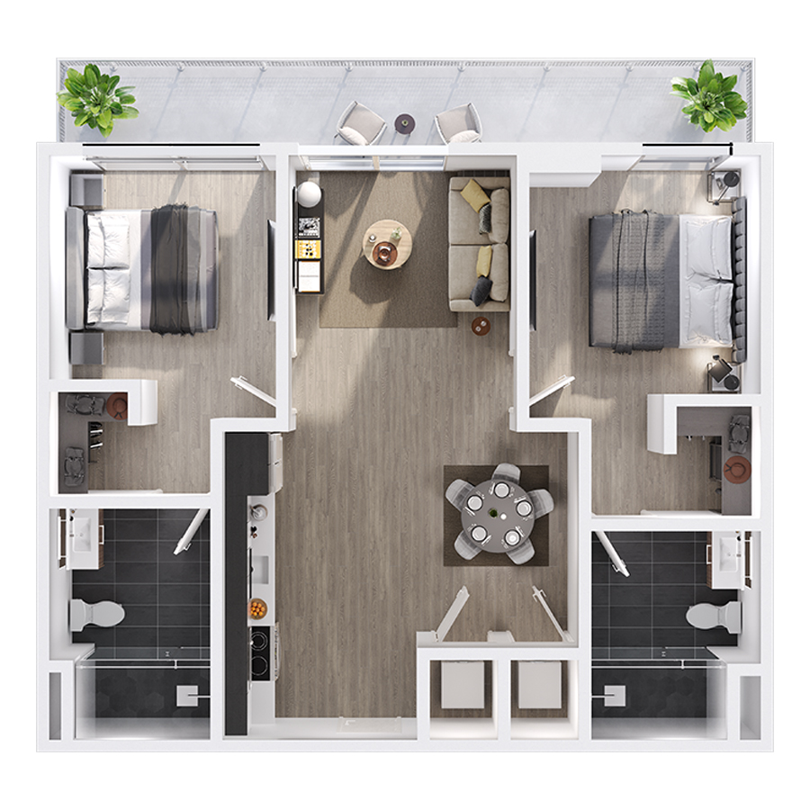 #1111 - 2 bedroom floorplan layout with 2 bathrooms and 824 square feet