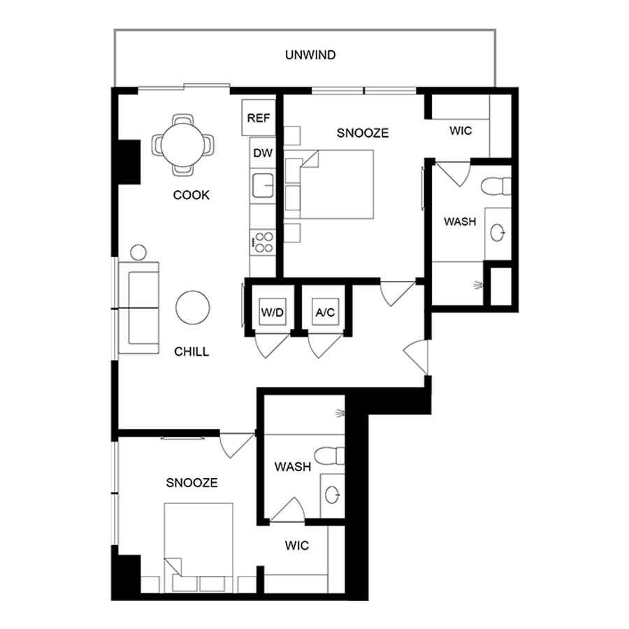#1702 - 2 bedroom floorplan layout with 2 bathrooms and 875 square feet