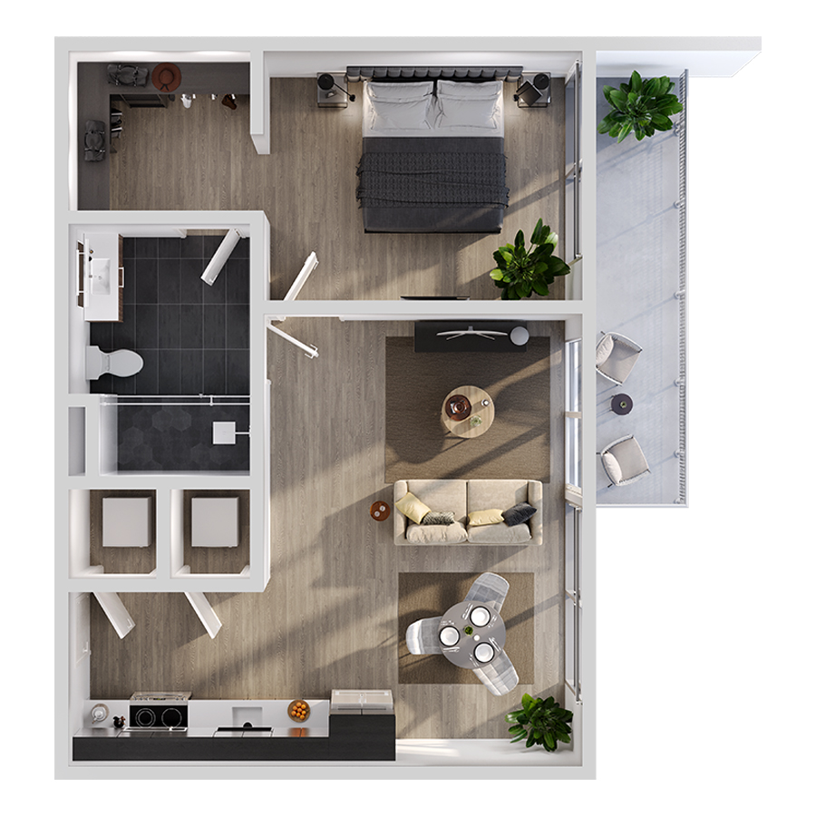 #1916 - 1 bedroom floorplan layout with 1 bathroom and 617 square feet