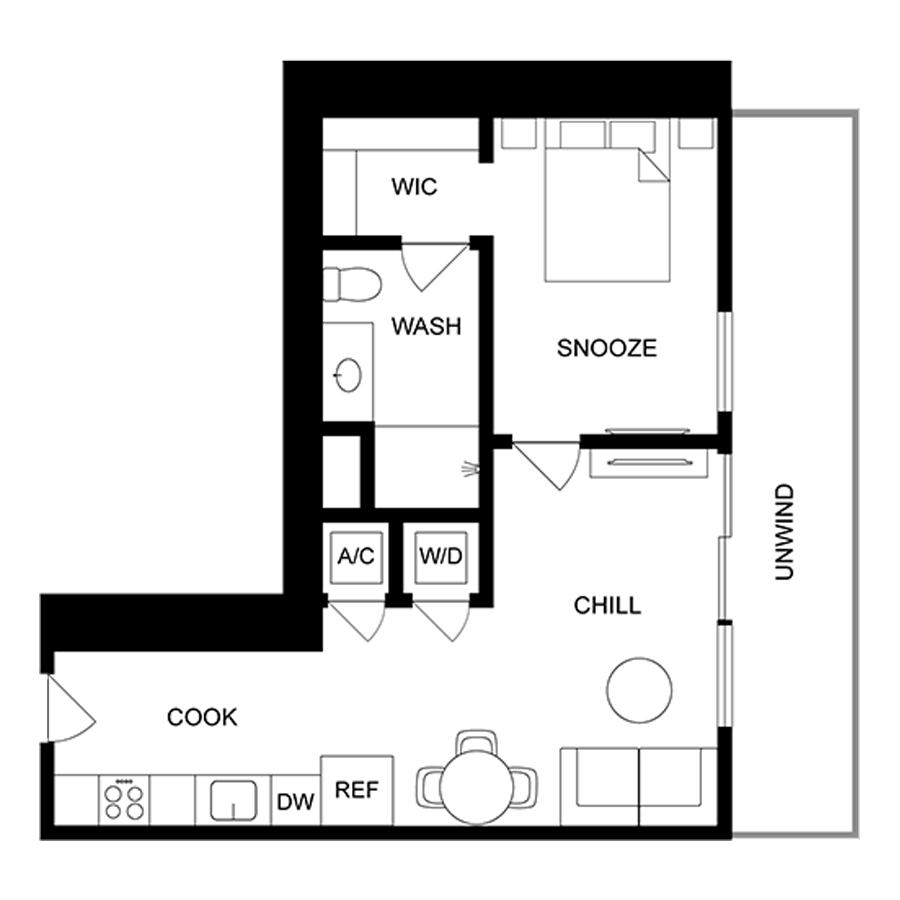 #1103 - 1 bedroom floorplan layout with 1 bathroom and 516 square feet