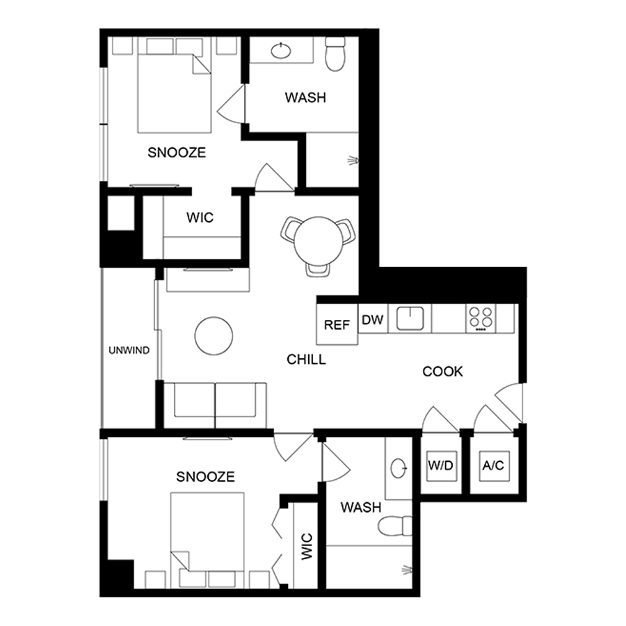 #2321 - 2 bedroom floorplan layout with 2 bathrooms and 755 square feet