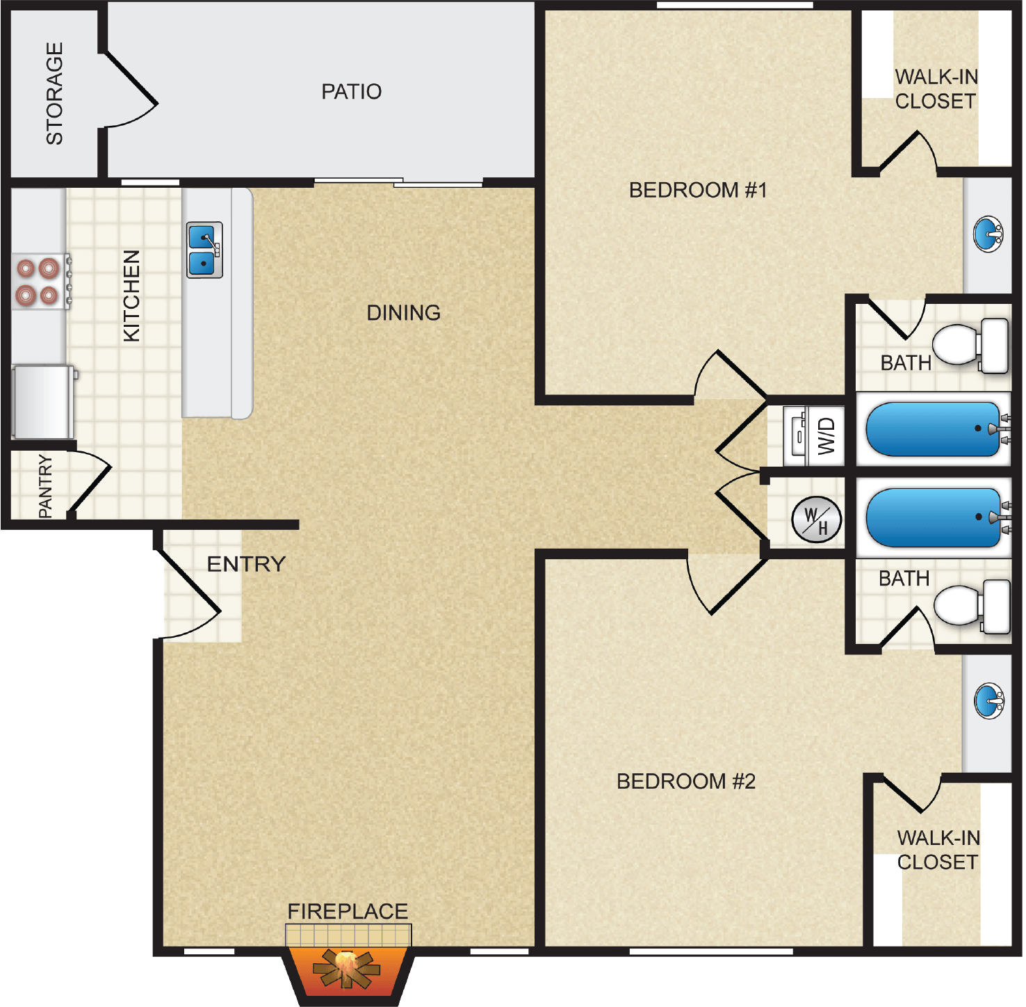 2x2 - 972 sf - B3-D floor plan