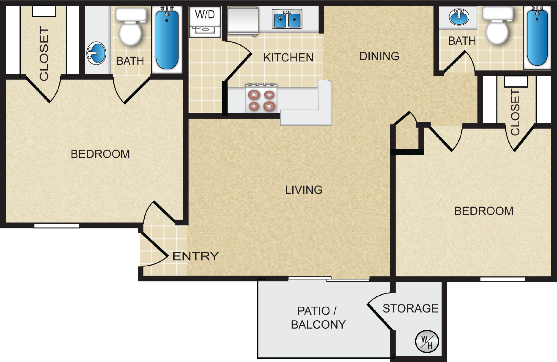 2x2 - 885 sf - B1-D floor plan