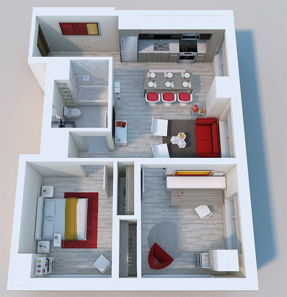 2 Bed, 1 Bath Corner Stack floor plan