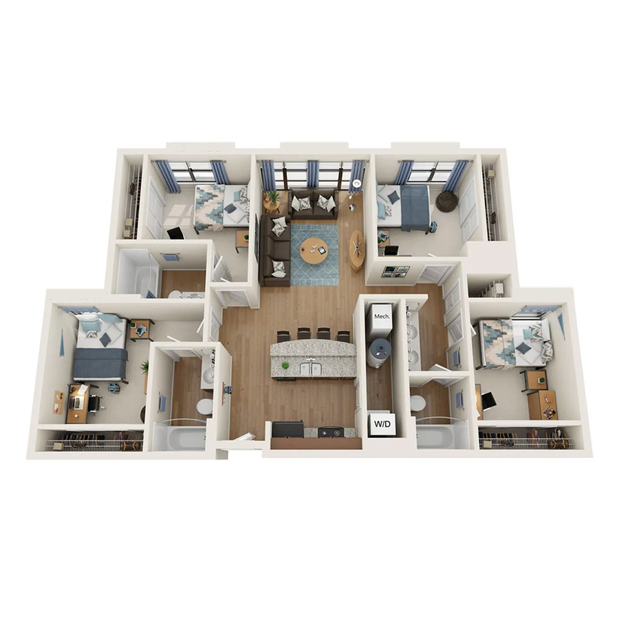 4 Bedroom - 3 Bath (4B) floor plan