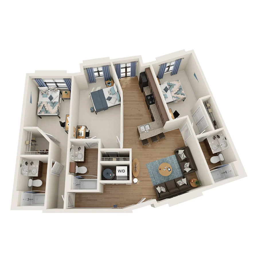 3 Bedroom - 3 Bath (3A) floor plan