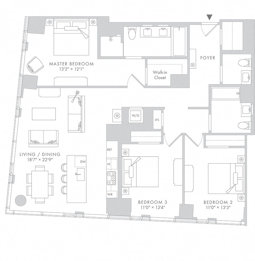 Rendering of the Waterline 1: C1 floor plan with 3 bedroom[s] and 2.5 bathroom[s] at Waterline Square