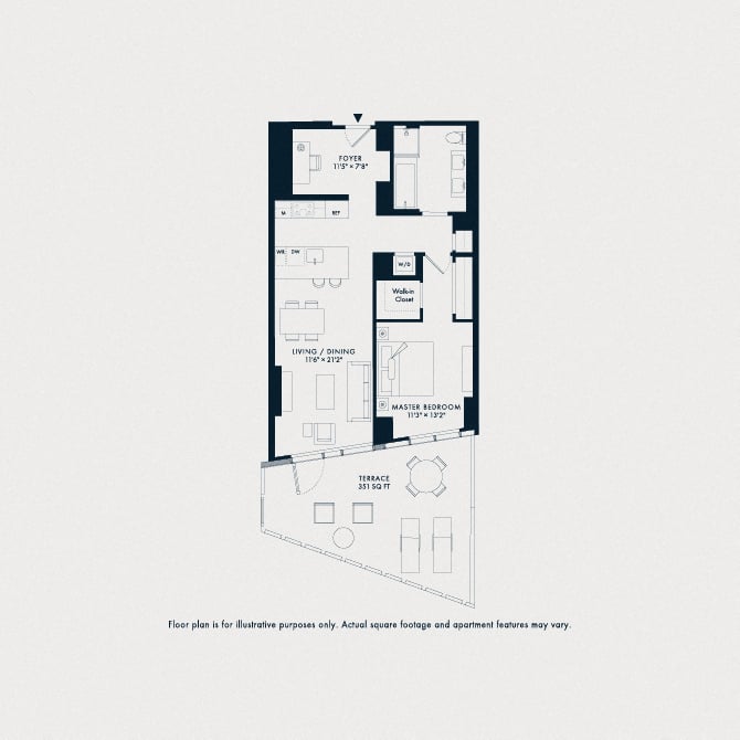 Rendering of the Waterline 2: A17 floor plan with 1 bedroom[s] and 1 bathroom[s] at Waterline Square
