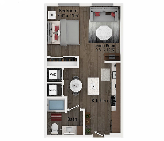 Rendering of the S2 floor plan with a Studio bedroom and 1 bathroom[s] at Callia