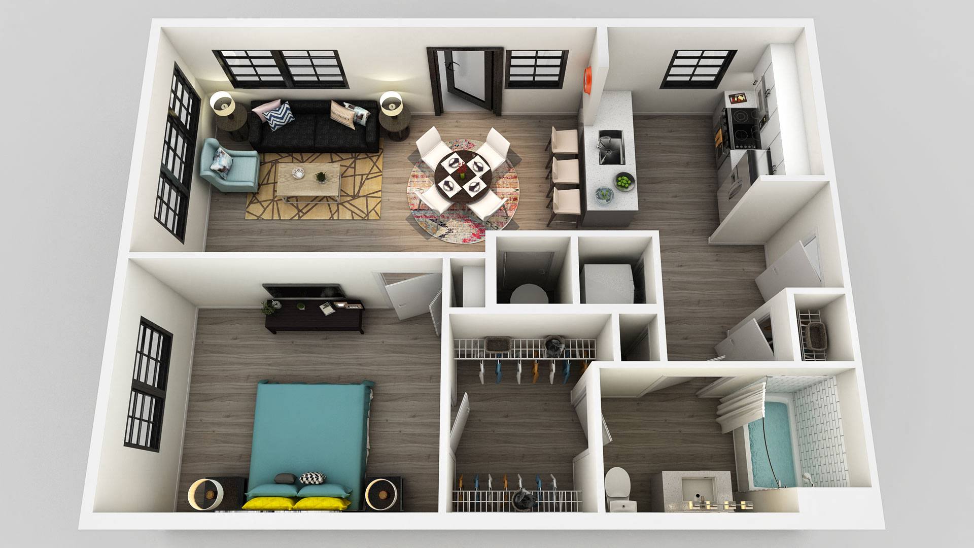 Rendering of the A2e floor plan with 1 bedroom[s] and 1 bathroom[s] at Edison on the Charles by Windsor