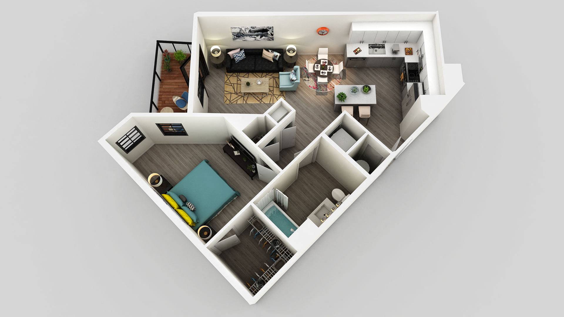 Rendering of the A1 floor plan with 1 bedroom[s] and 1 bathroom[s] at Edison on the Charles by Windsor
