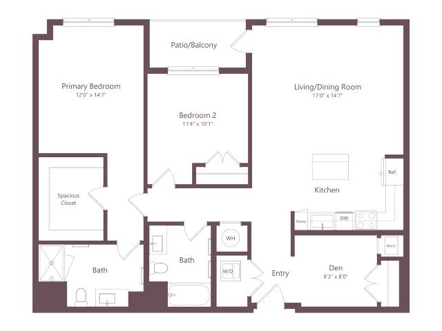 B7D | 2 Bed | 2 Bath | Den floor plan