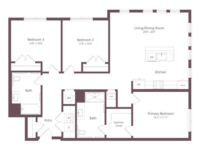 C1B | 3 Bed | 2 Bath floor plan