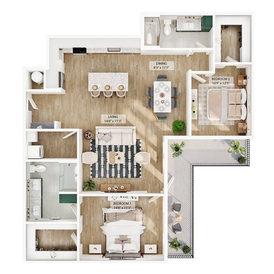 Rendering of the B12 floor plan with 2 bedroom[s] and 2 bathroom[s] at Peregrine Yardi