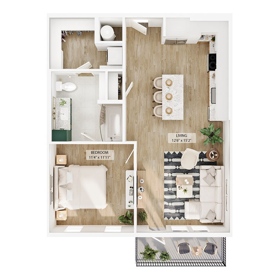 Rendering of the A3 floor plan with 1 bedroom[s] and 1 bathroom[s] at Peregrine Yardi