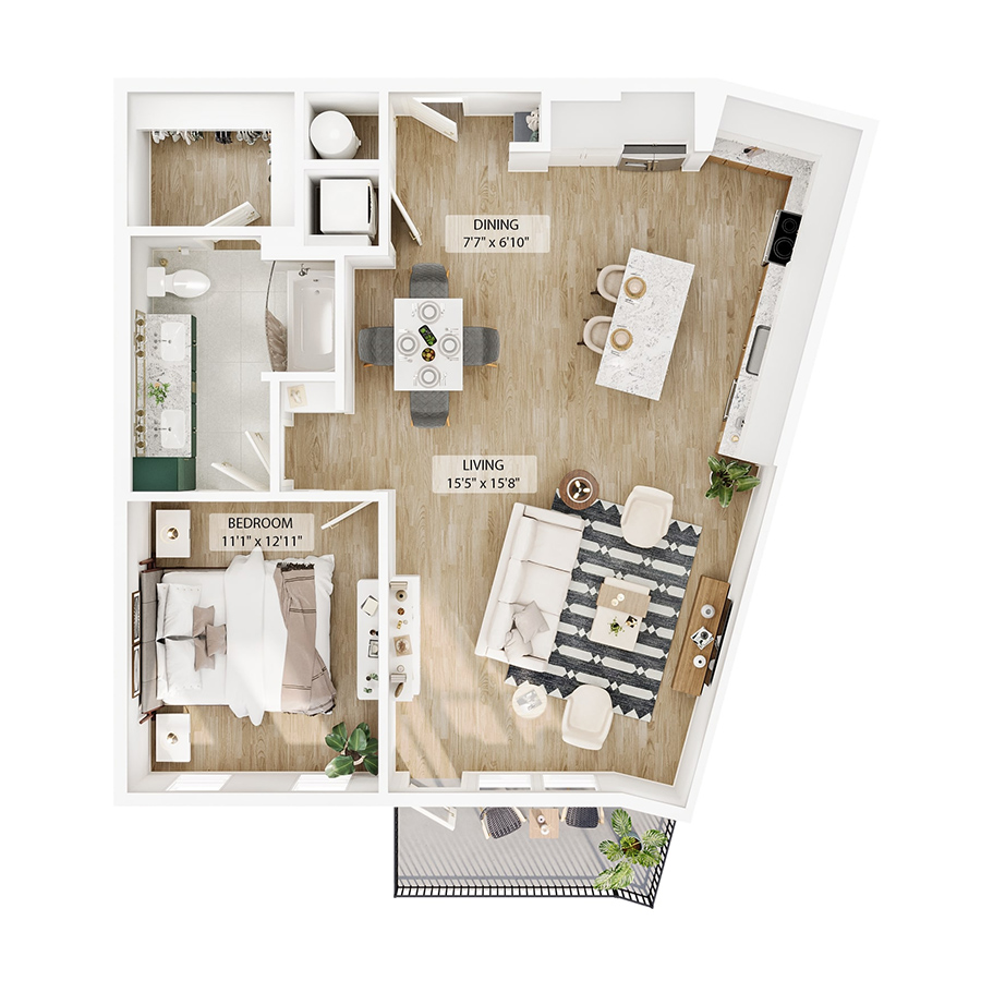 Rendering of the A13 floor plan with 1 bedroom[s] and 1 bathroom[s] at Peregrine Yardi
