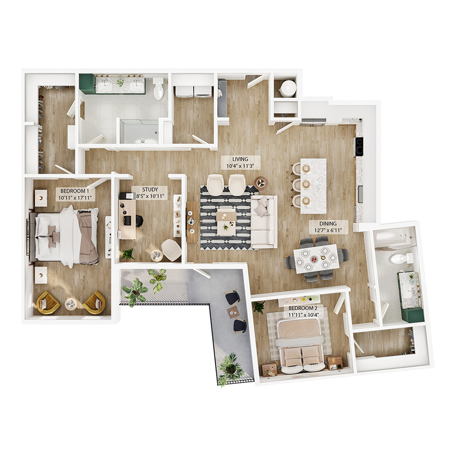 Rendering of the B17 floor plan with 2 bedroom[s] and 2 bathroom[s] at Peregrine Yardi