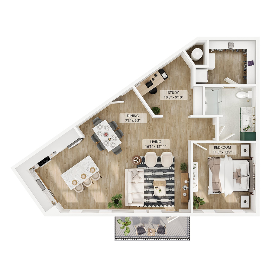 Rendering of the A18 floor plan with 1 bedroom[s] and 1 bathroom[s] at Peregrine Yardi