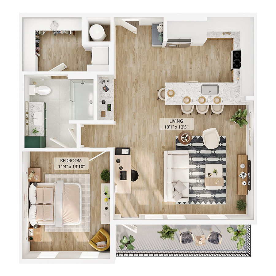 Rendering of the A10 floor plan with 1 bedroom[s] and 1 bathroom[s] at Peregrine Yardi