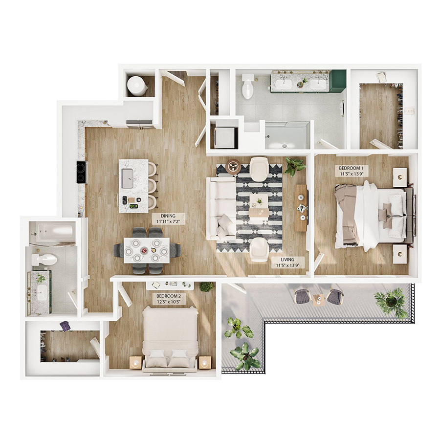 Rendering of the B6 floor plan with 2 bedroom[s] and 2 bathroom[s] at Peregrine Yardi