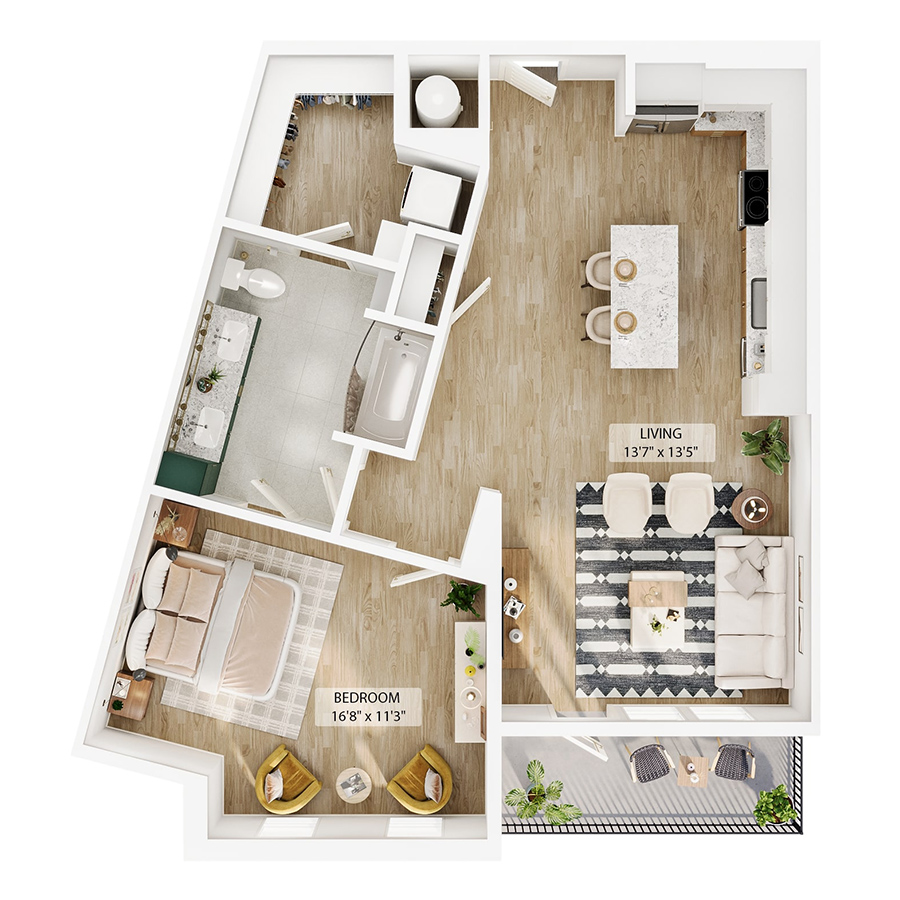 Rendering of the A12 floor plan with 1 bedroom[s] and 1 bathroom[s] at Peregrine Yardi