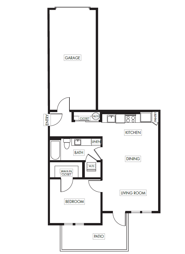 1 Bed 1 Bath Garden with Garage - 726 floor plan