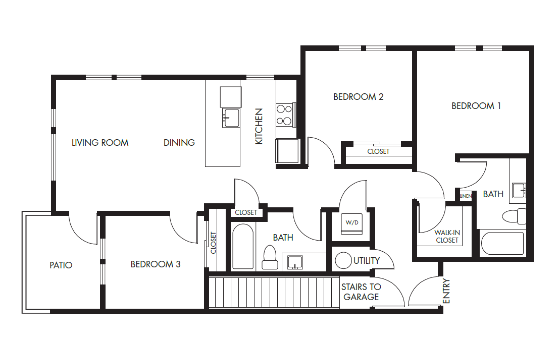 3 Bed 2 Bath Garden with Garage - 1226A floor plan