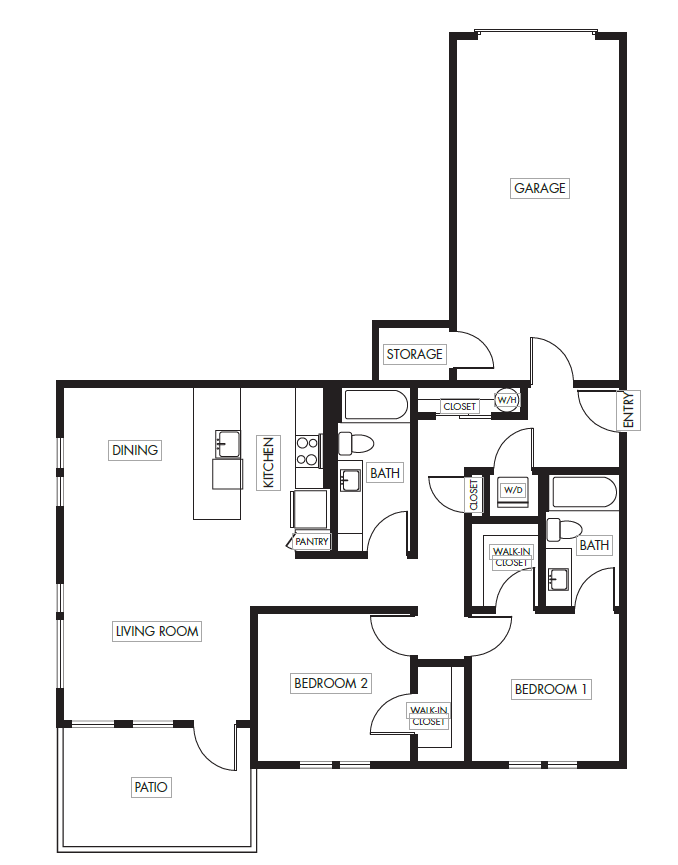 2 Bed 2 Bath Garden with Garage - 1104 floor plan