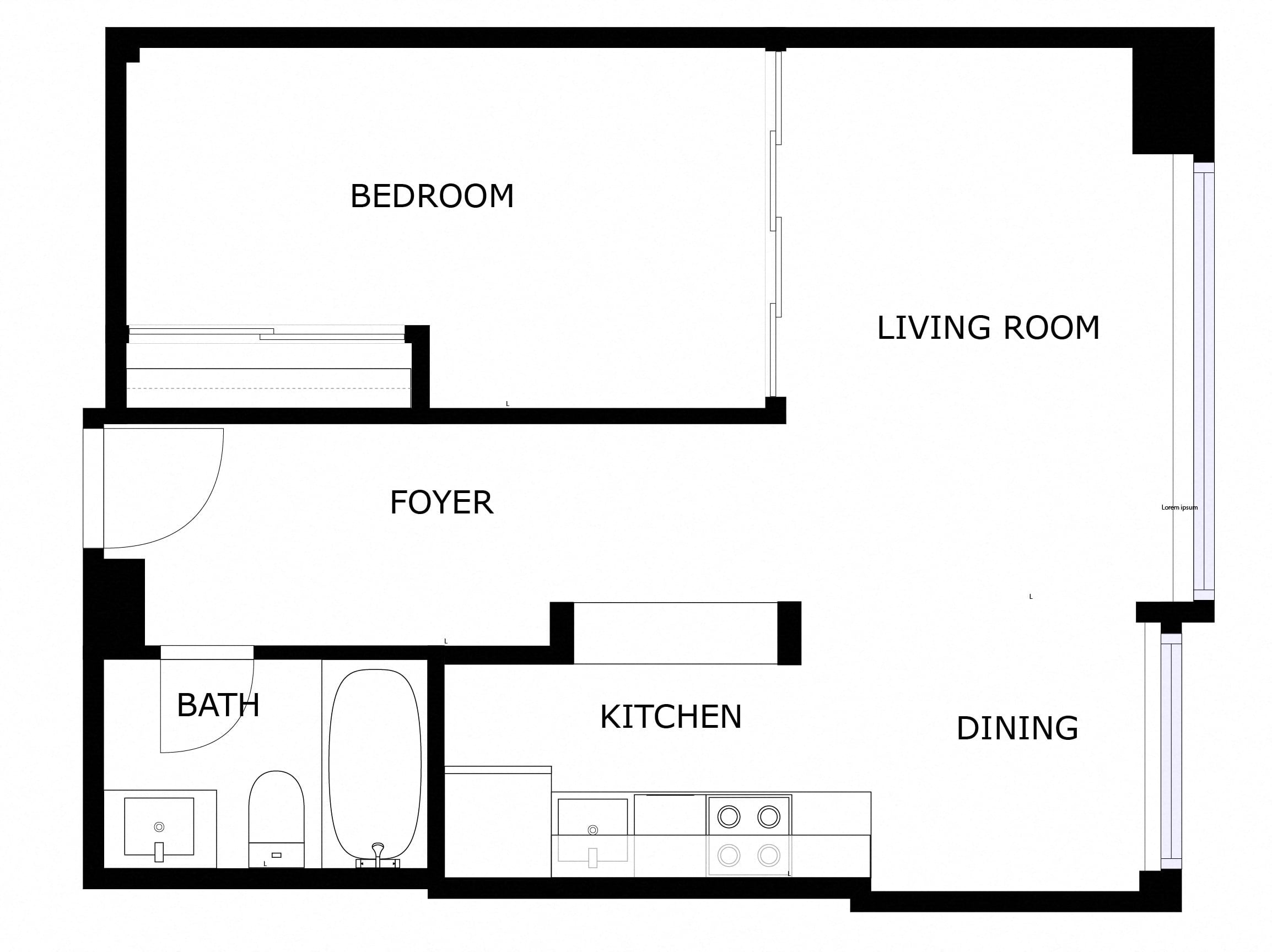Renovated 1 Bed, 1 Bath floor plan