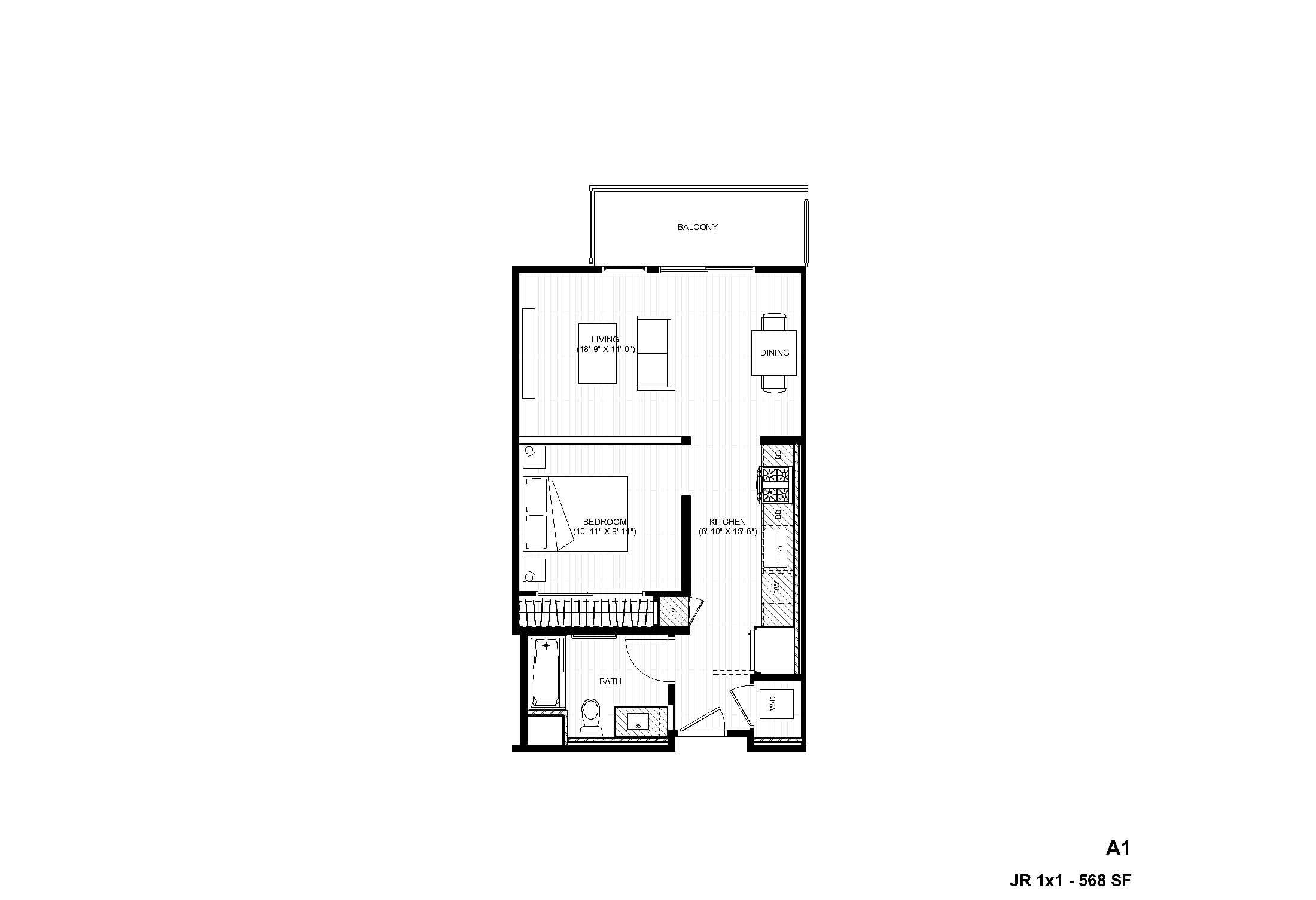 Rendering of the A1A1 Jr 1x1 floor plan with 1 bedroom[s] and 1 bathroom[s] at Alexan Gallerie