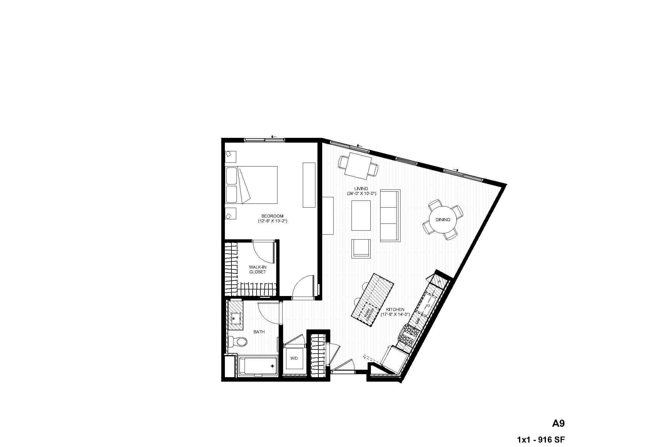 Rendering of the A9-RW 1x1 floor plan with 1 bedroom[s] and 1 bathroom[s] at Alexan Gallerie