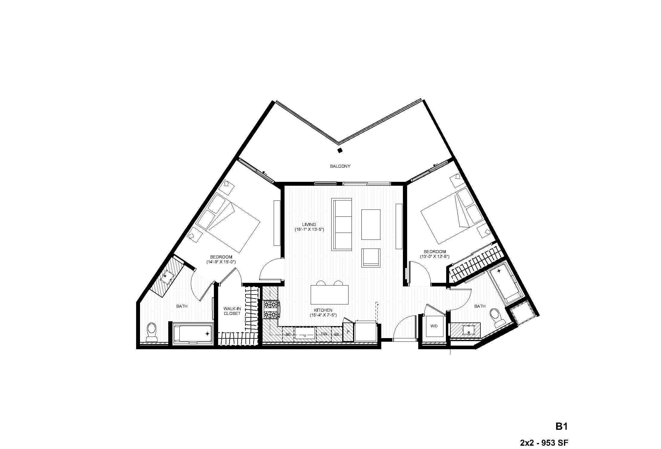 Rendering of the B1 2x2 floor plan with 2 bedroom[s] and 2 bathroom[s] at Alexan Gallerie