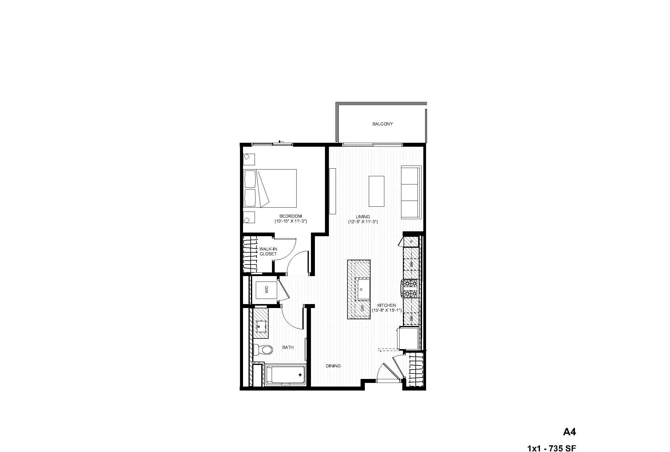 Rendering of the A4 1x1 floor plan with 1 bedroom[s] and 1 bathroom[s] at Alexan Gallerie