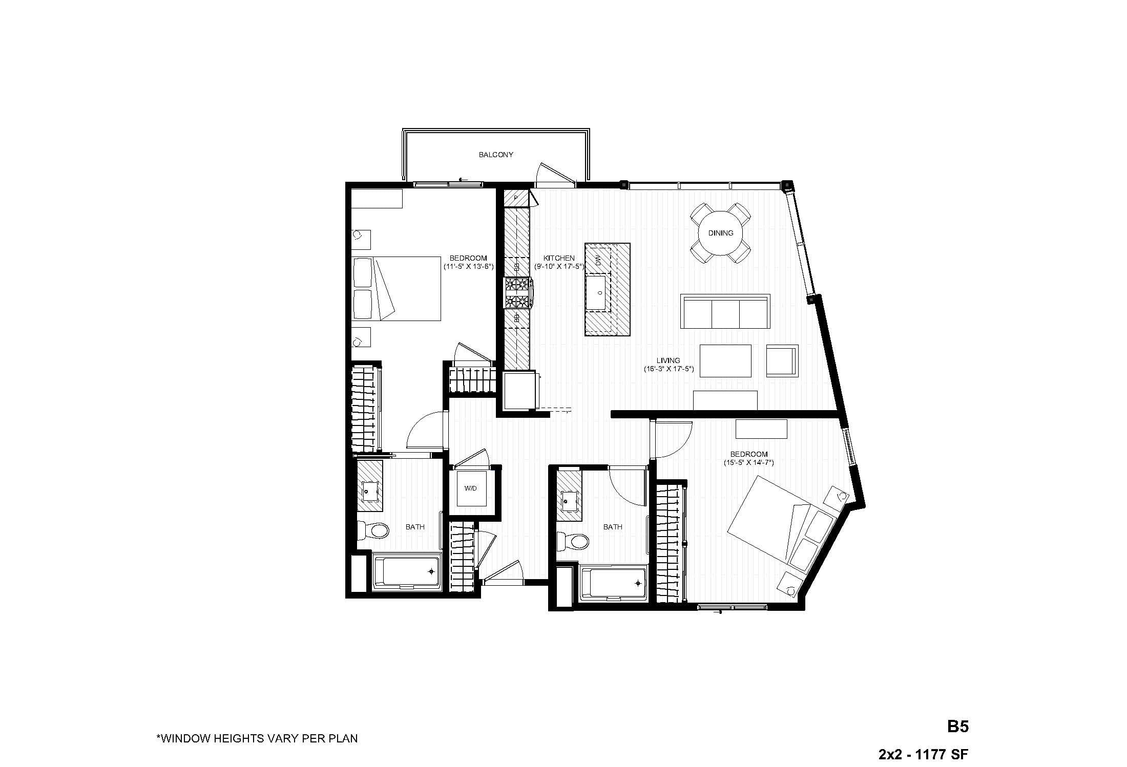 Rendering of the B5-RW 2x2 floor plan with 2 bedroom[s] and 2 bathroom[s] at Alexan Gallerie