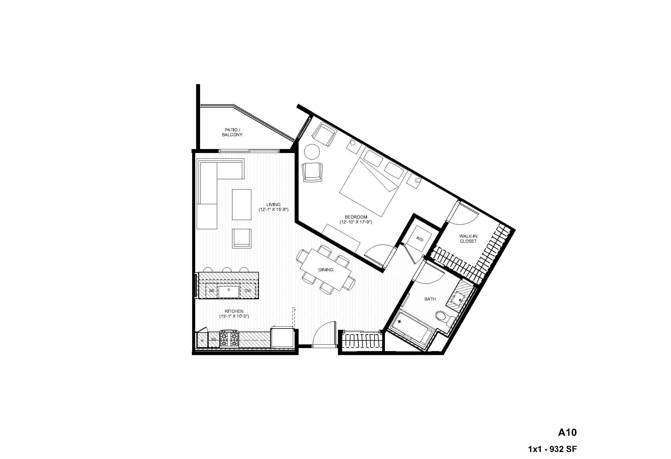 Rendering of the A10 1x1 floor plan with 1 bedroom[s] and 1 bathroom[s] at Alexan Gallerie