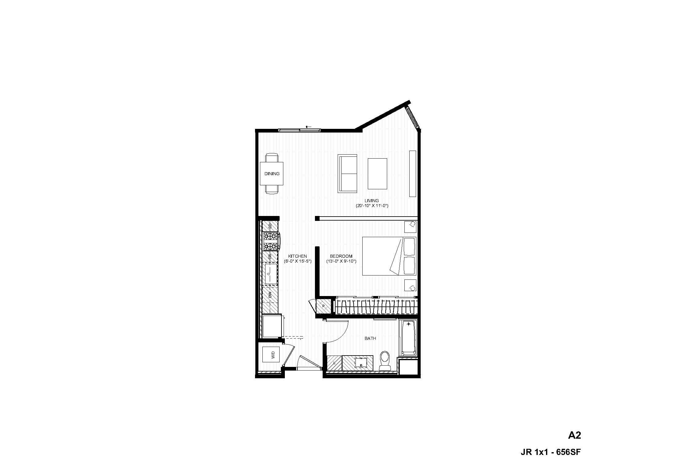 Rendering of the A2-RW Jr 1x1 floor plan with 1 bedroom[s] and 1 bathroom[s] at Alexan Gallerie