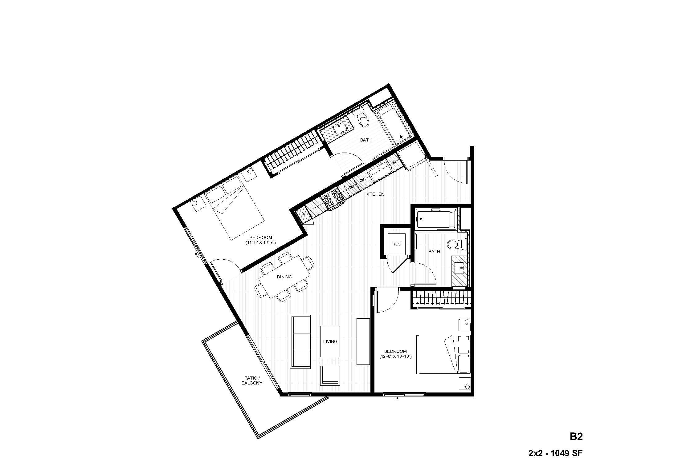 Rendering of the B2 2x2 floor plan with 2 bedroom[s] and 2 bathroom[s] at Alexan Gallerie