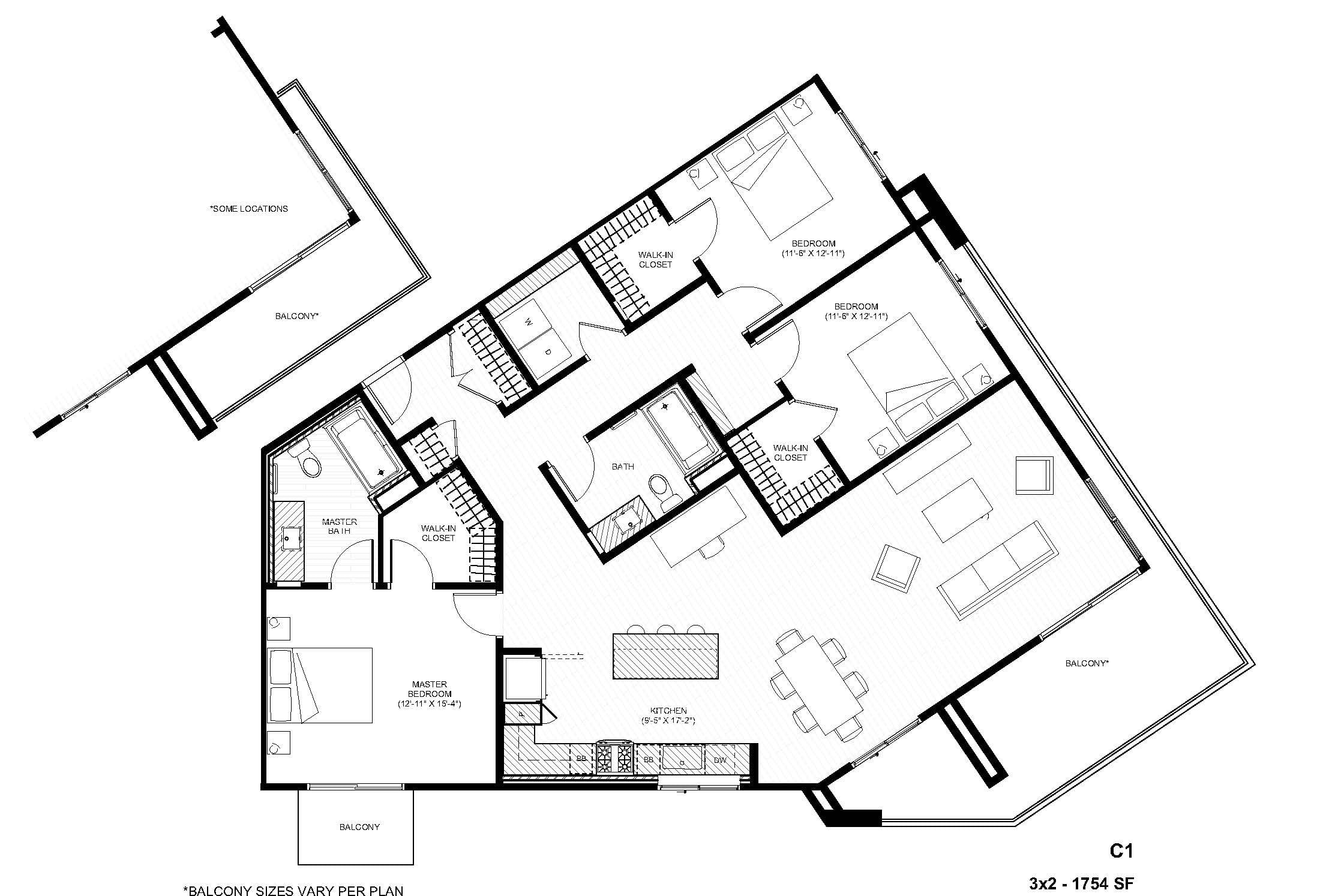 Rendering of the C1-RW 3x2 floor plan with 3 bedroom[s] and 2 bathroom[s] at Alexan Gallerie