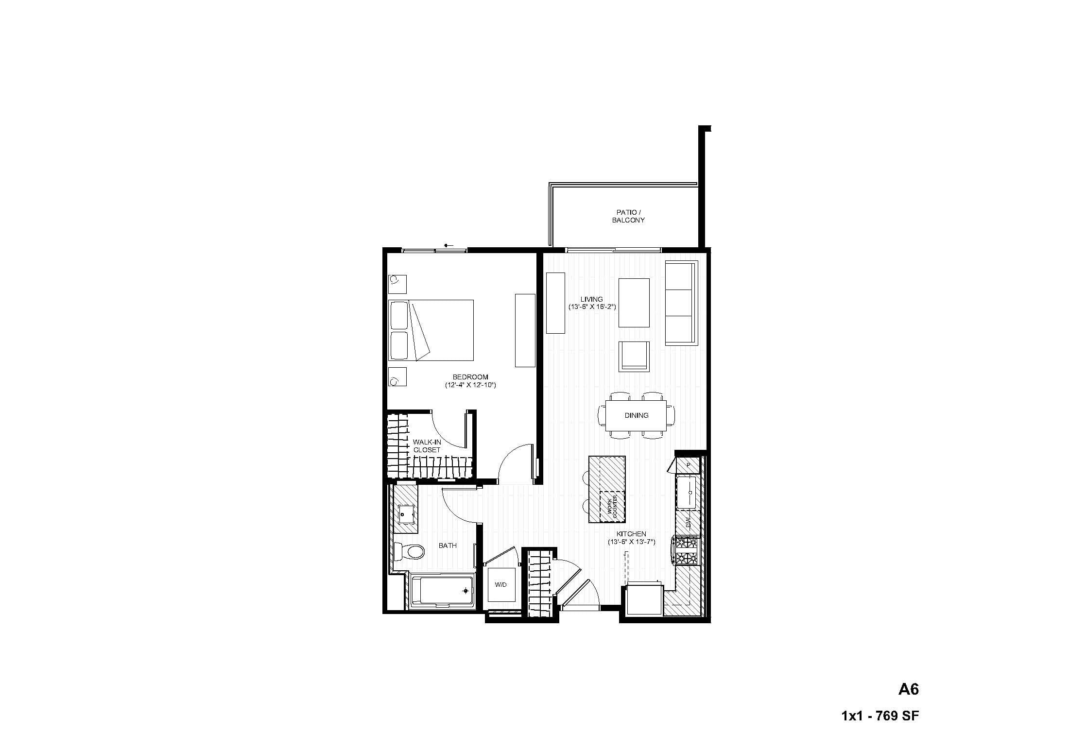 Rendering of the A6 1x1 floor plan with 1 bedroom[s] and 1 bathroom[s] at Alexan Gallerie