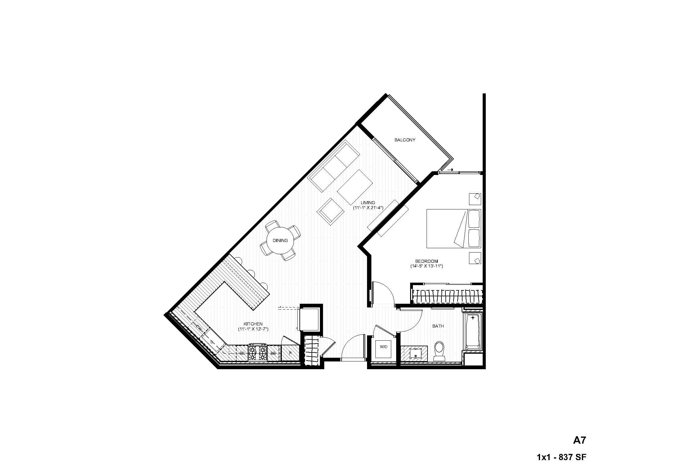 Rendering of the A7 1x1 floor plan with 1 bedroom[s] and 1 bathroom[s] at Alexan Gallerie
