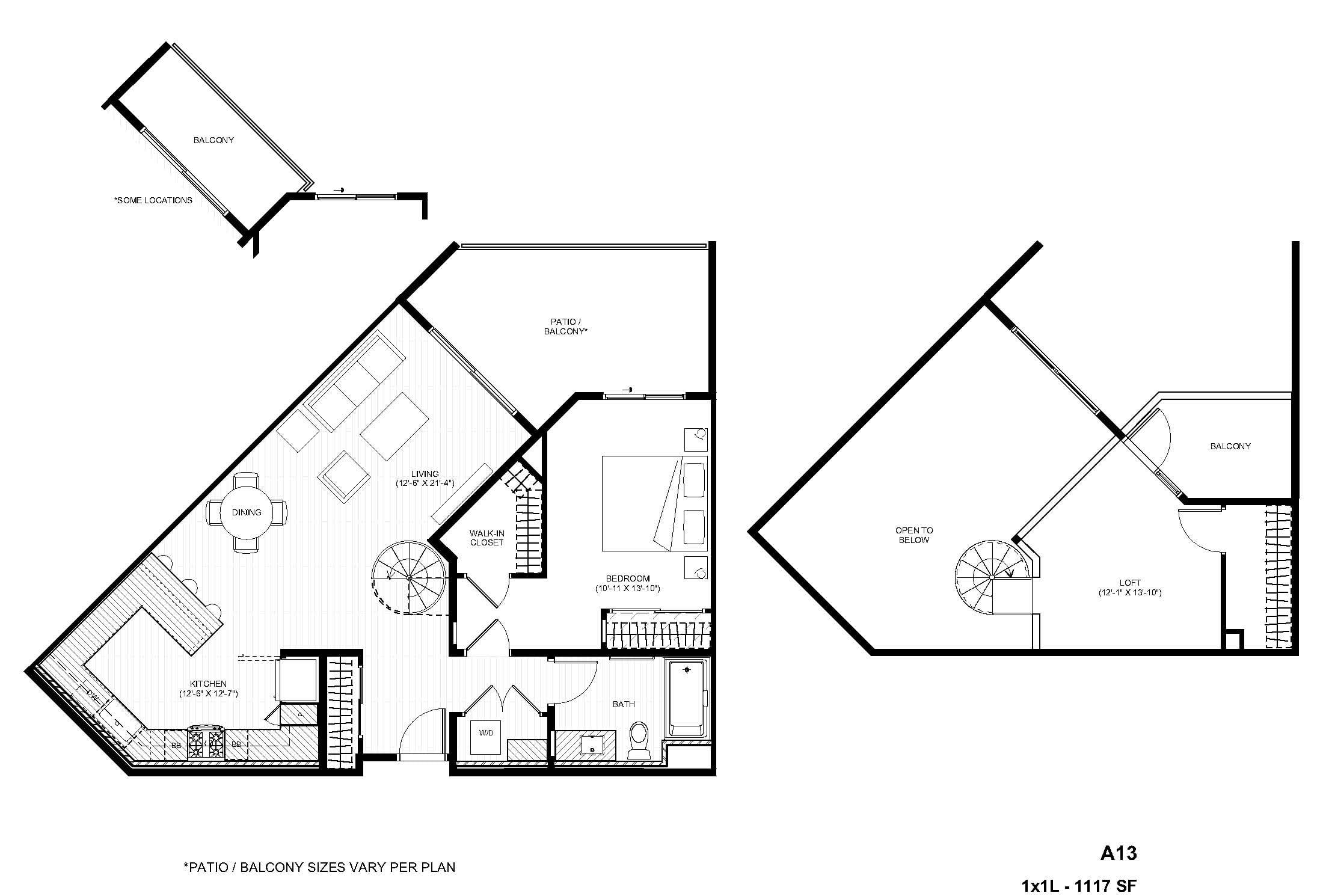 Rendering of the A13 1x1 Loft floor plan with 1 bedroom[s] and 1 bathroom[s] at Alexan Gallerie