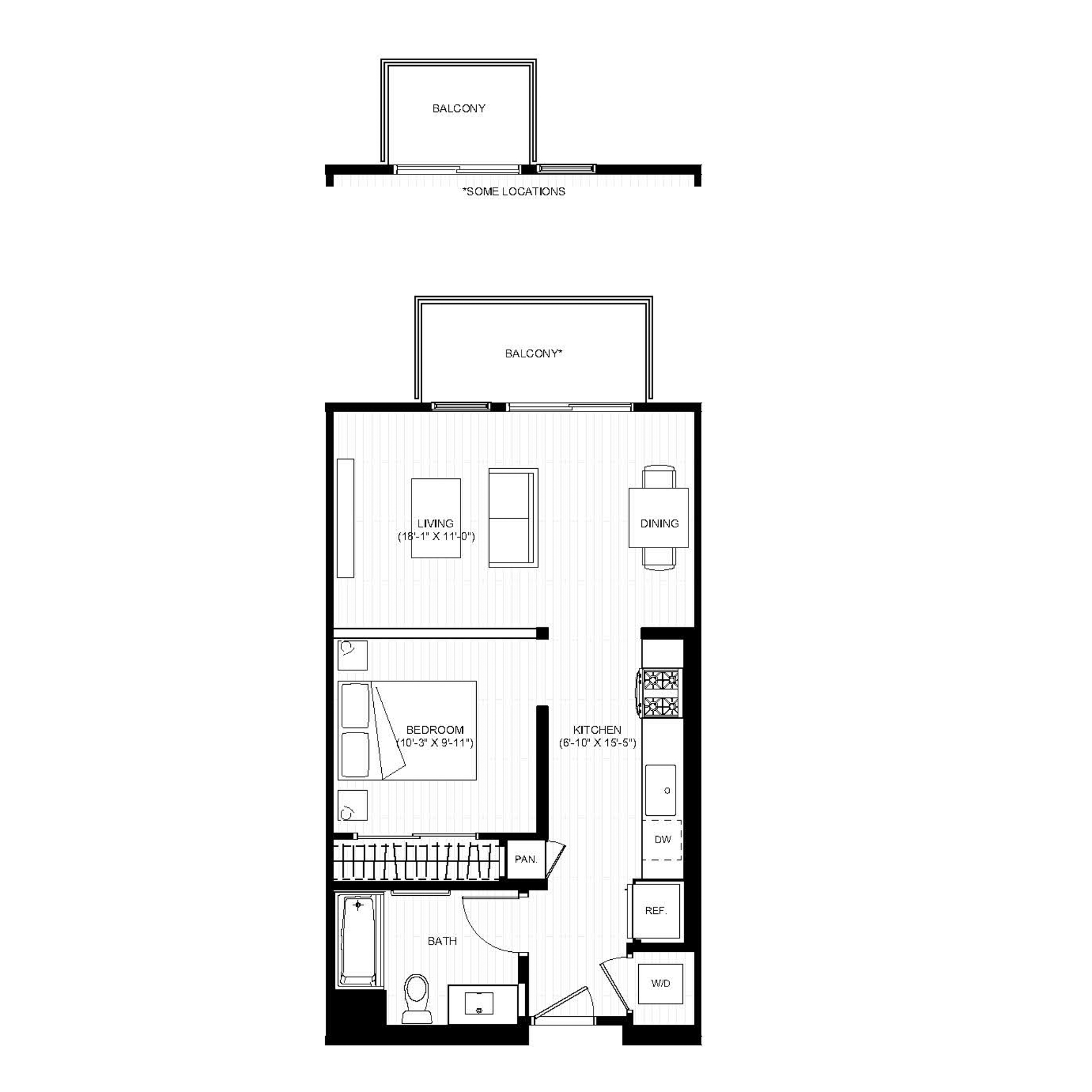 Rendering of the A1 floor plan with 1 bedroom[s] and 1 bathroom[s] at Alexan Gallerie