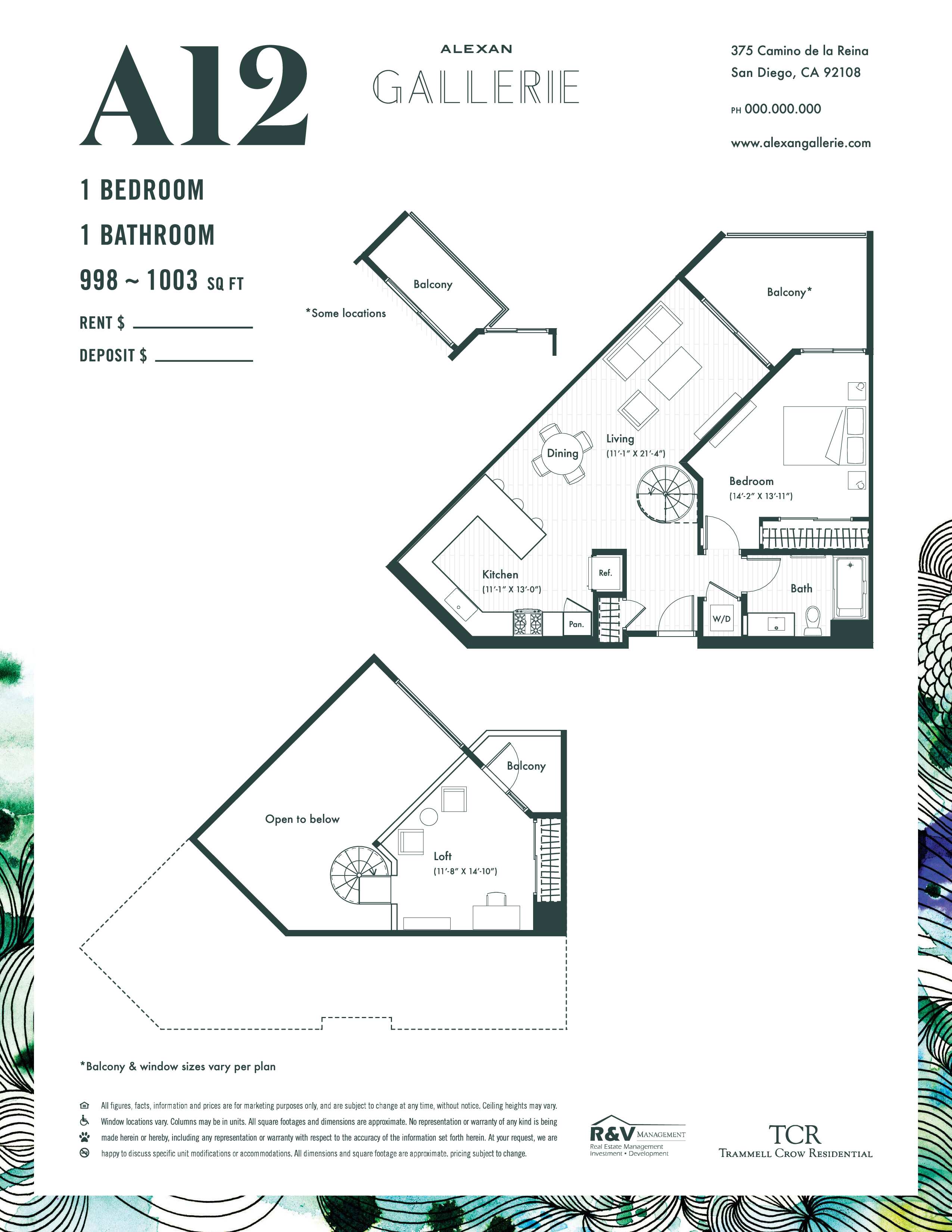 Rendering of the A12 1x1 Loft floor plan with 1 bedroom[s] and 1 bathroom[s] at Alexan Gallerie
