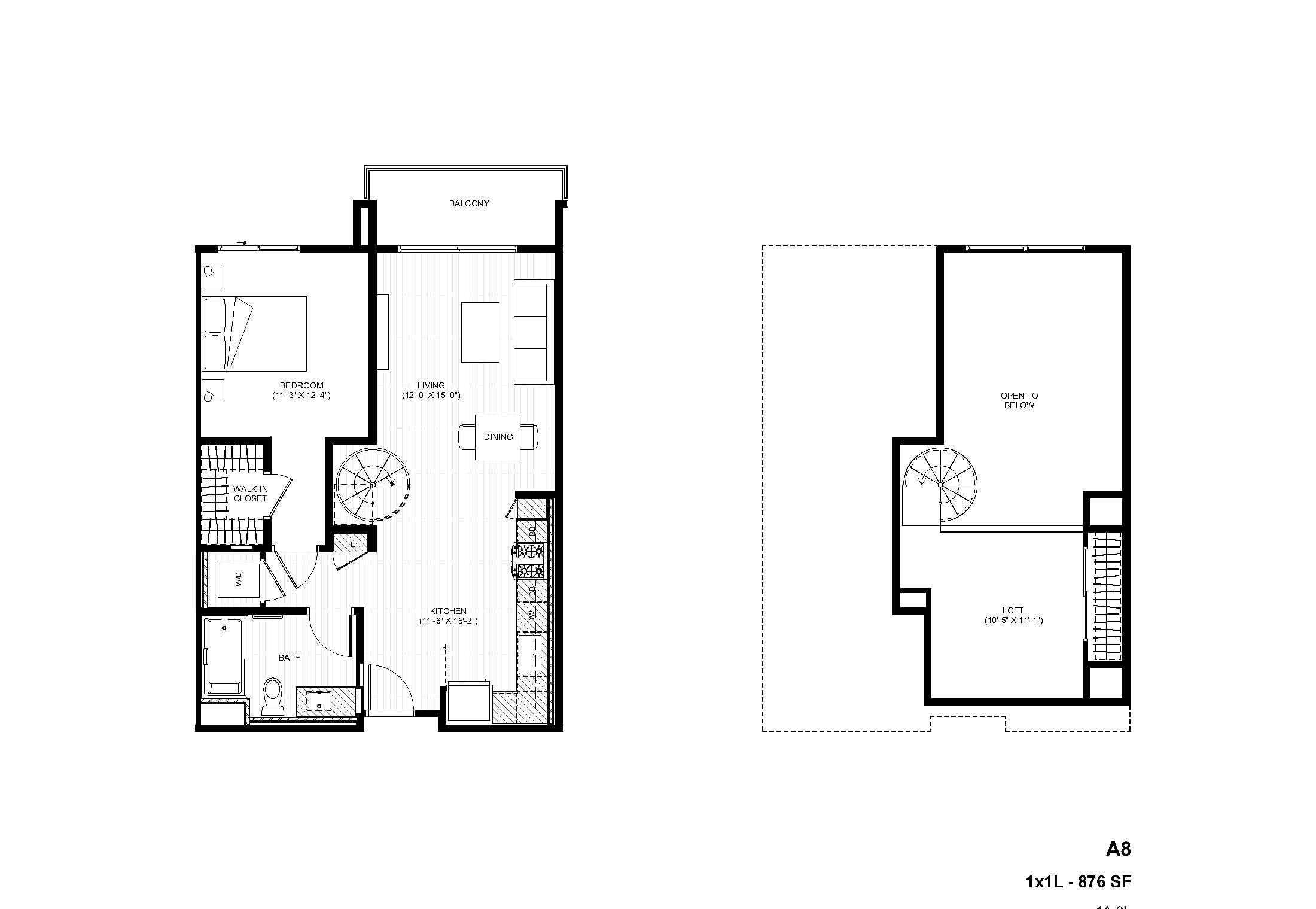 Rendering of the A8 1x1 Loft floor plan with 1 bedroom[s] and 1 bathroom[s] at Alexan Gallerie