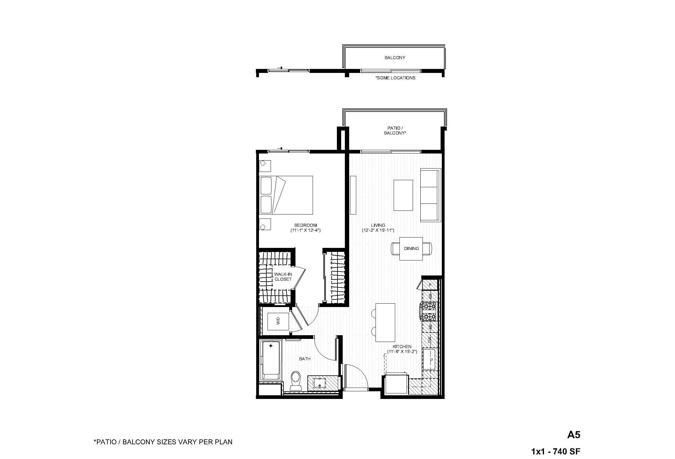 Rendering of the A5 1x1 floor plan with 1 bedroom[s] and 1 bathroom[s] at Alexan Gallerie