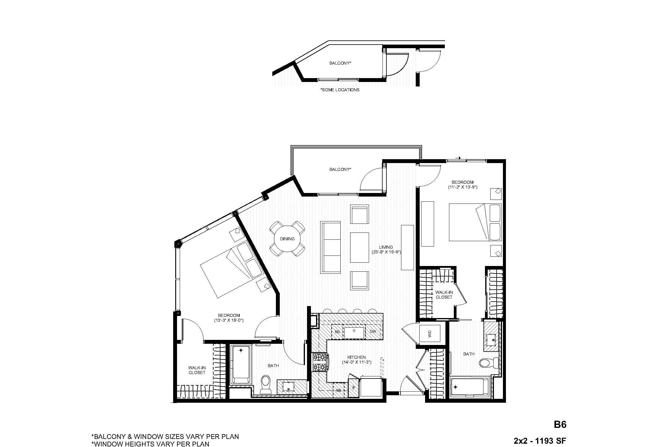 Rendering of the B6 2x2 floor plan with 2 bedroom[s] and 2 bathroom[s] at Alexan Gallerie