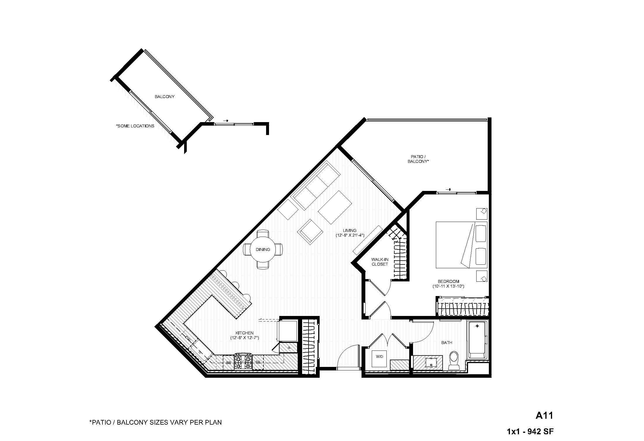 Rendering of the A11 1x1 floor plan with 1 bedroom[s] and 1 bathroom[s] at Alexan Gallerie