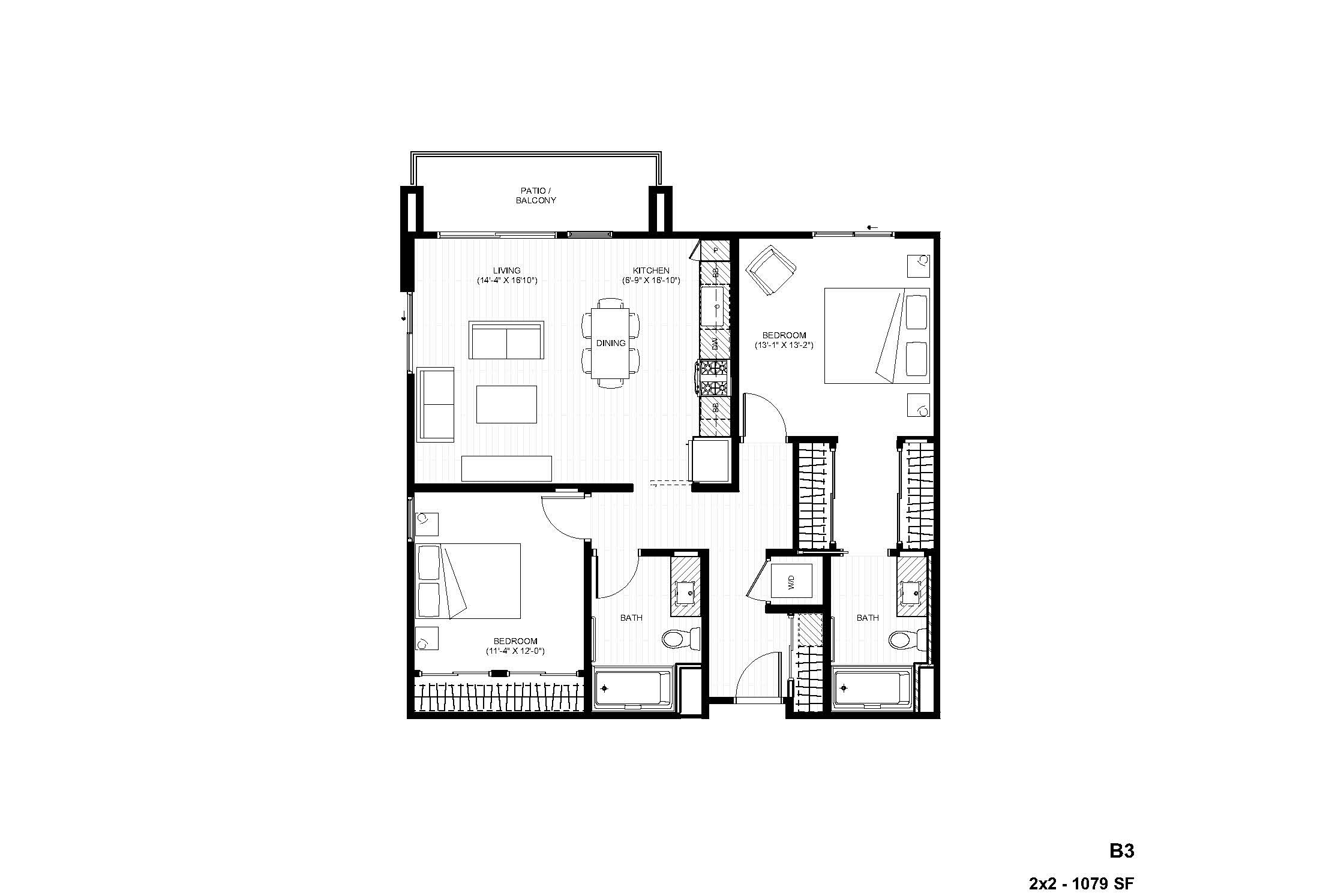 Rendering of the B3 2x2 floor plan with 2 bedroom[s] and 2 bathroom[s] at Alexan Gallerie