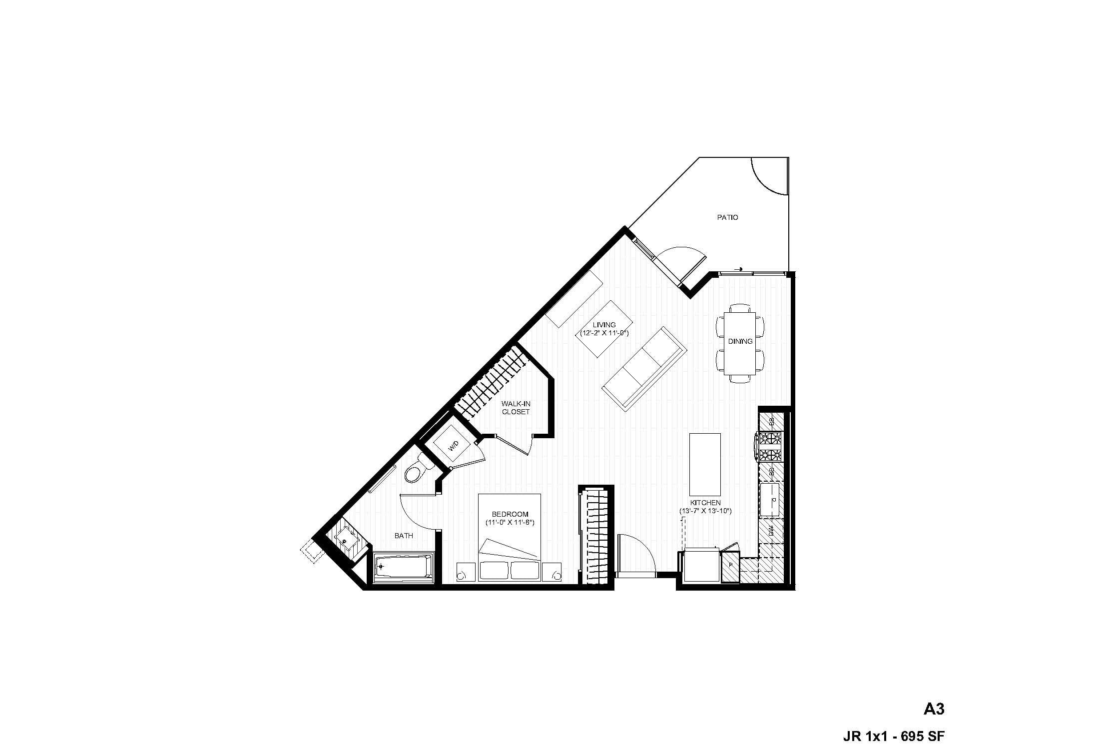 Rendering of the A3 Jr 1x1 floor plan with 1 bedroom[s] and 1 bathroom[s] at Alexan Gallerie